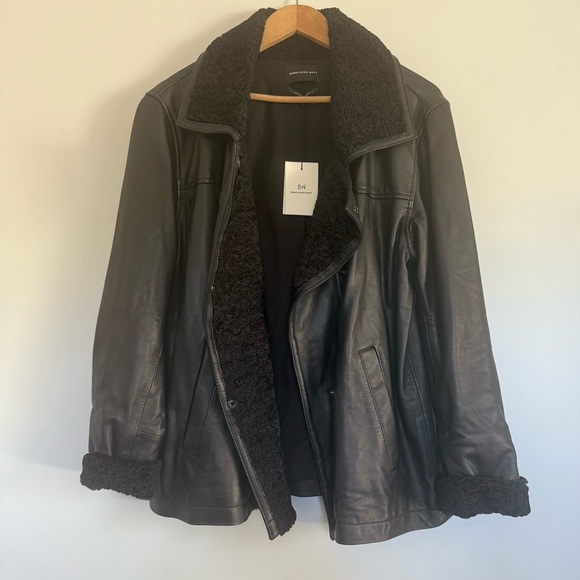 NWT something navy leather faux fur lined jacket in black size: S - Picture 2 of 3